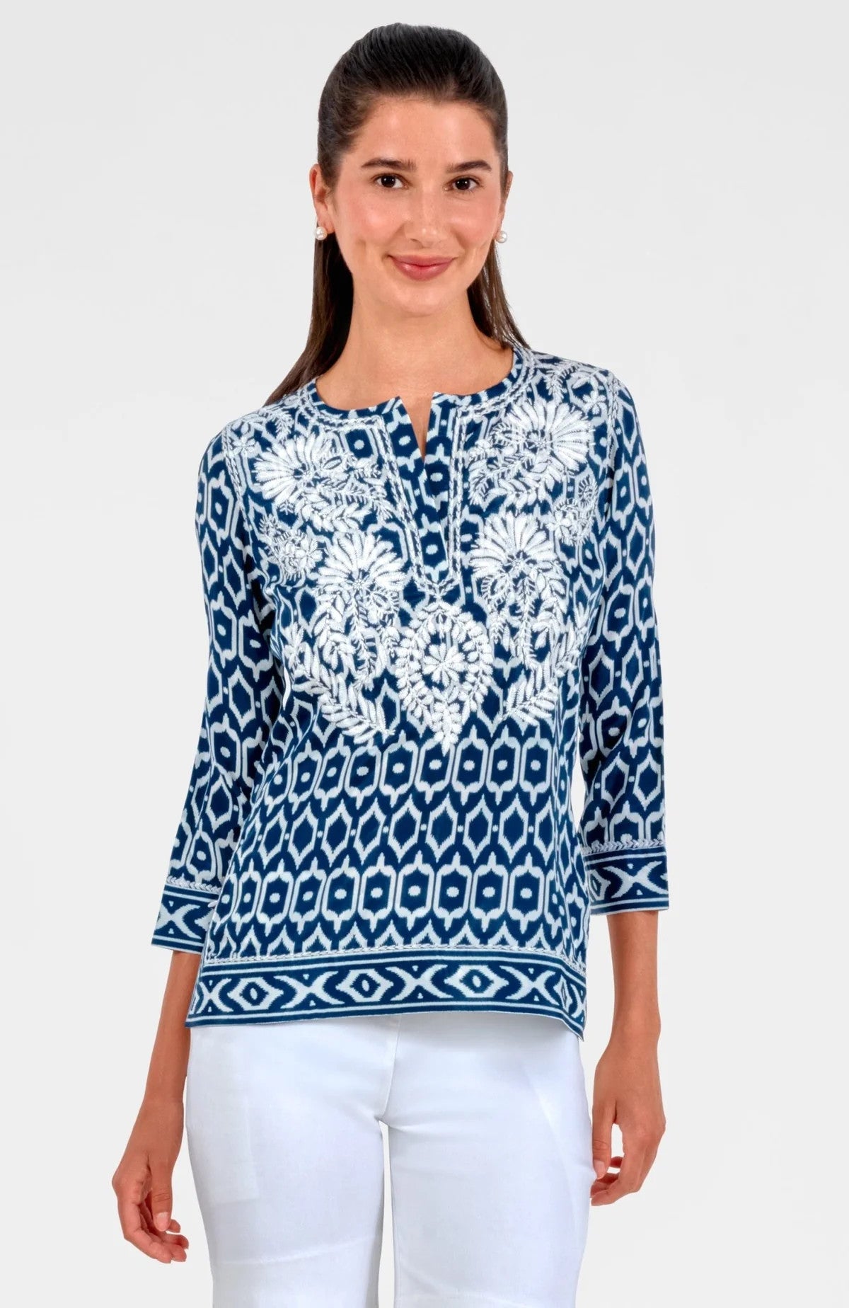 Gretchen Scott Geo Embroidered Silky Tunic Top Navy
