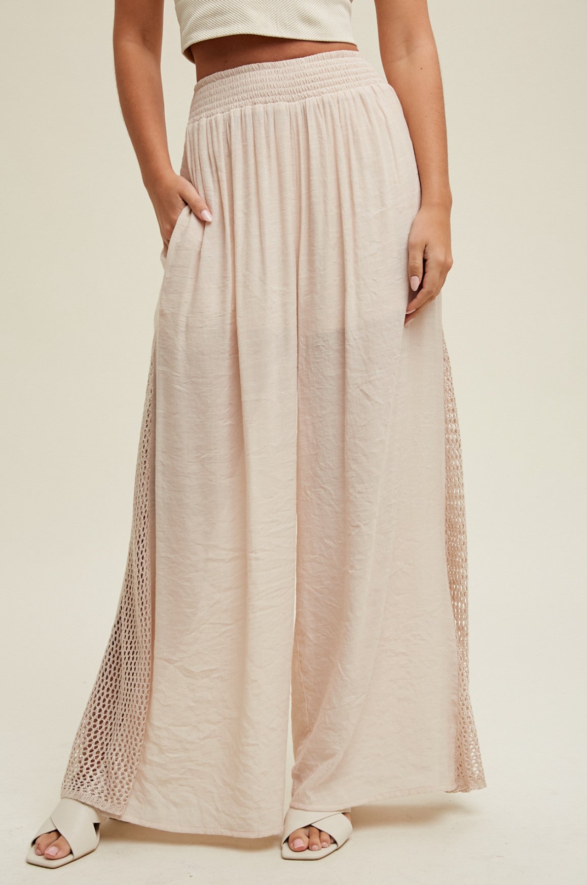 Shaddow and Fish Aria Wide Leg Crochet Detail Pants Champagne
