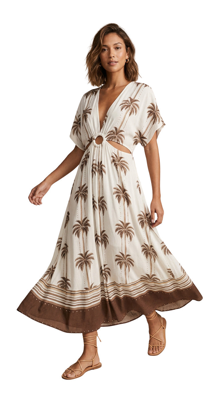 Surf Gypsy Luxe Palm Ring-O Maxi Dress Ivory/Brown