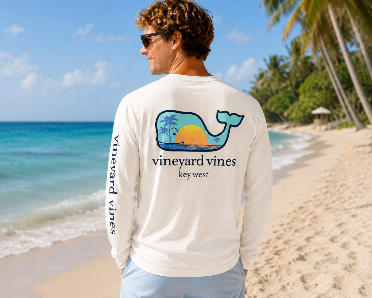 Vineyard Vines Sunset Scene Key West  Pocket Tee Long Sleeve