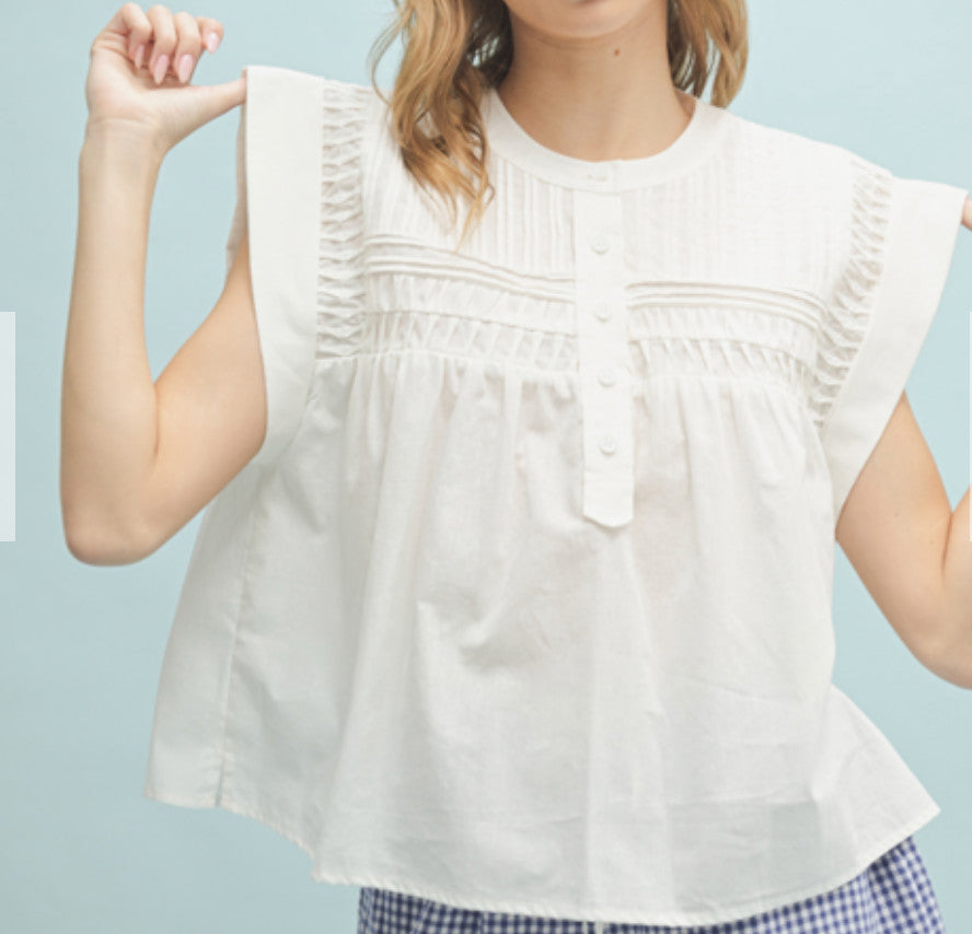Shaddow and Fish Pintucked Cap Sleeve Blouse Off White