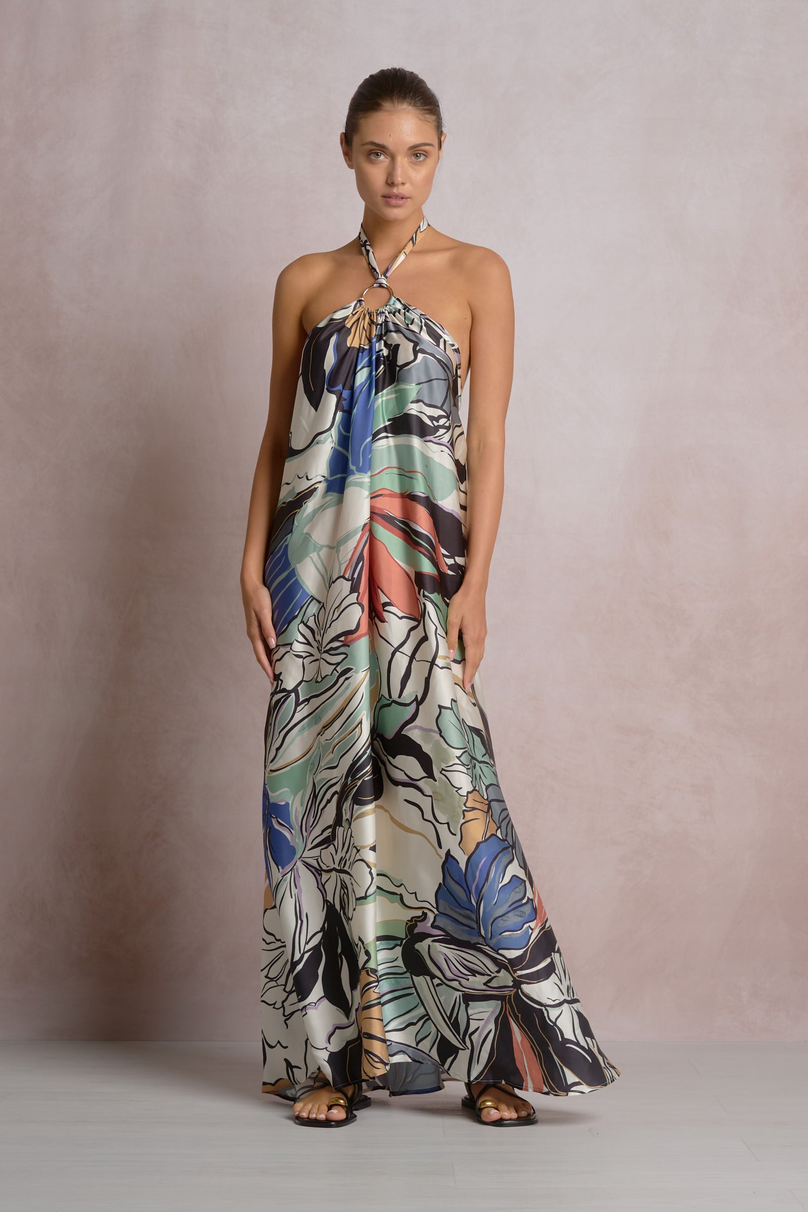 Elan Capri Maxi Halter Dress Blue Botanical