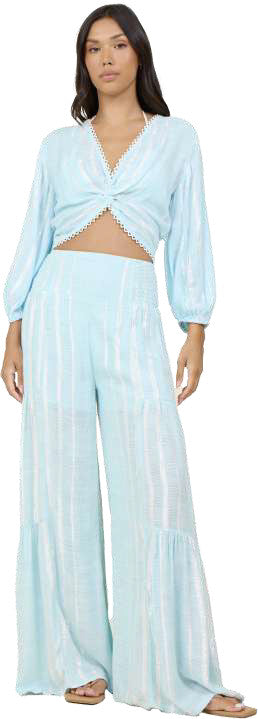 Woman wearing Surf Gypsy wide leg pant in crystal blue stripes front view