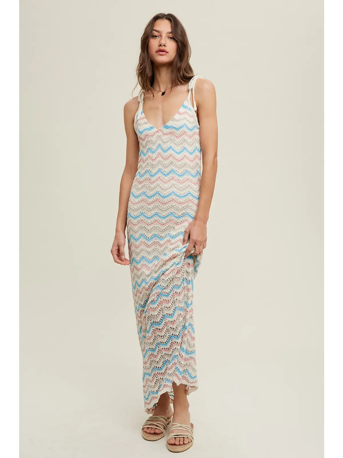 Shaddow And Fish Sophia Crochet Chevron Maxi Dress Cream/ Blue