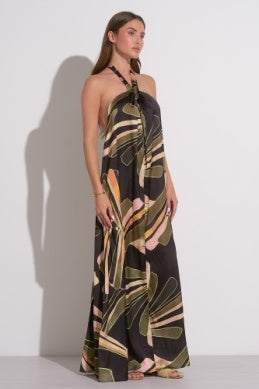 Elan Emily Maxi Halter Dress Black Manila Print