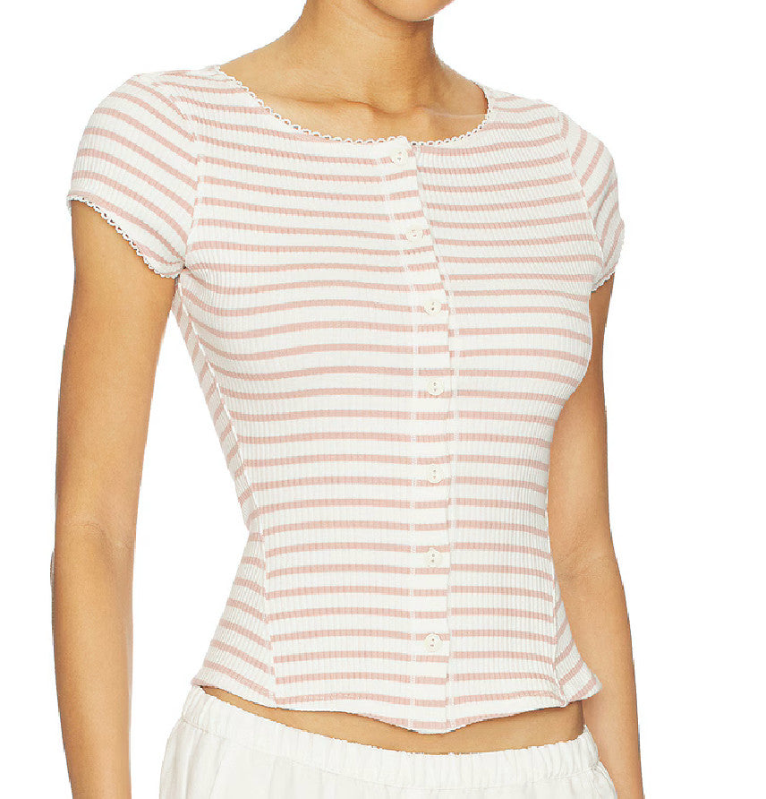 Free People Most Wanted Striped Cardi Top Mauve/Ivory Strip