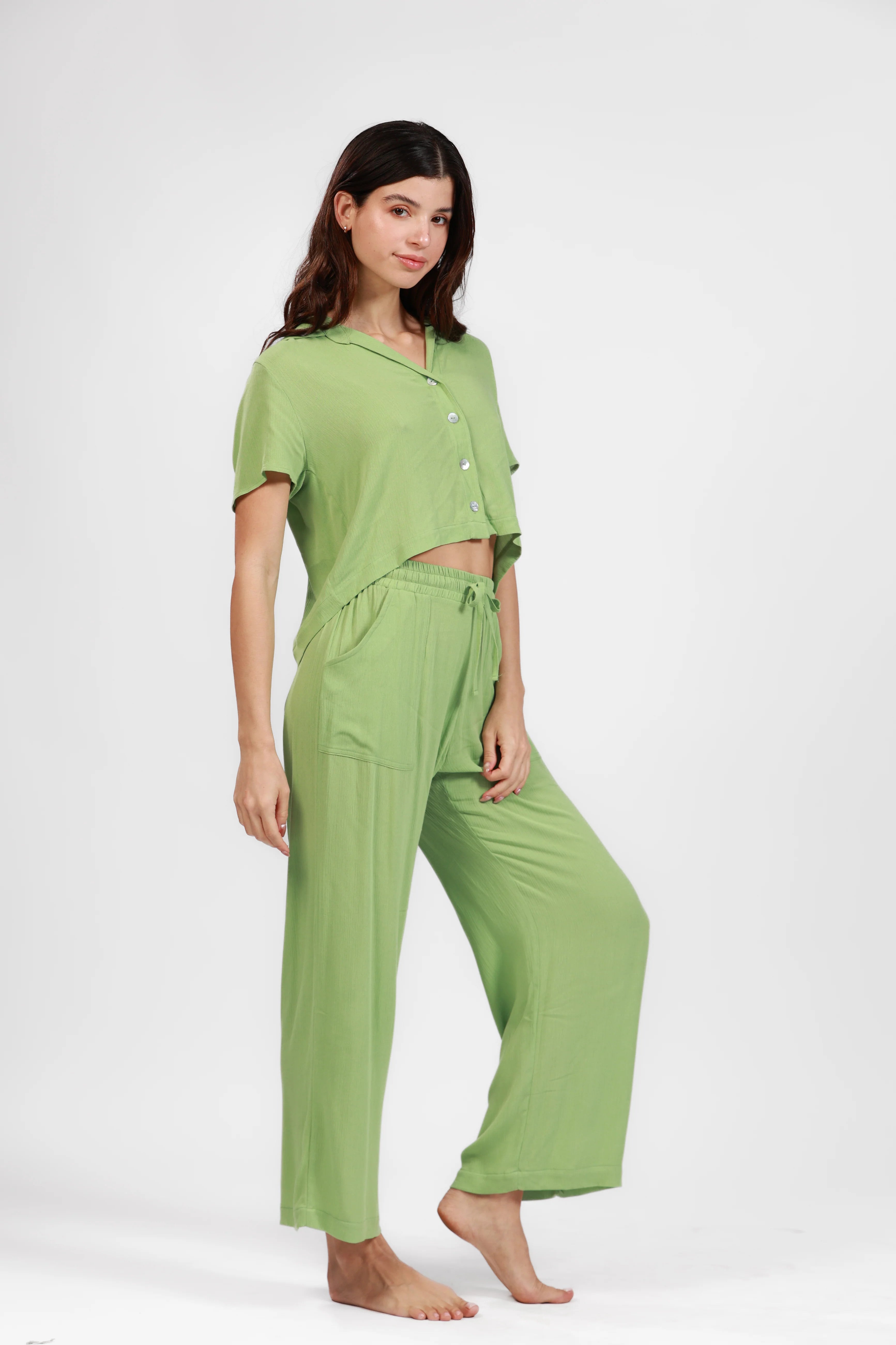 Salty Weekend Emma Crop Button Shirt Green