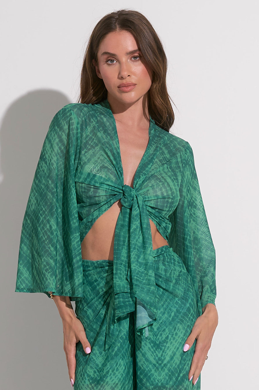 Elan Juno Top Front Tie Aqua Havana Print O/S