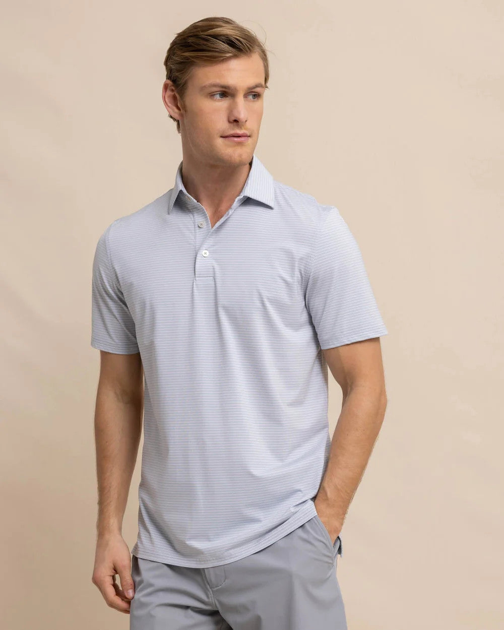 Southern Tide Brrr-eeze Baytop Stripe Performance Polo Platinum Grey