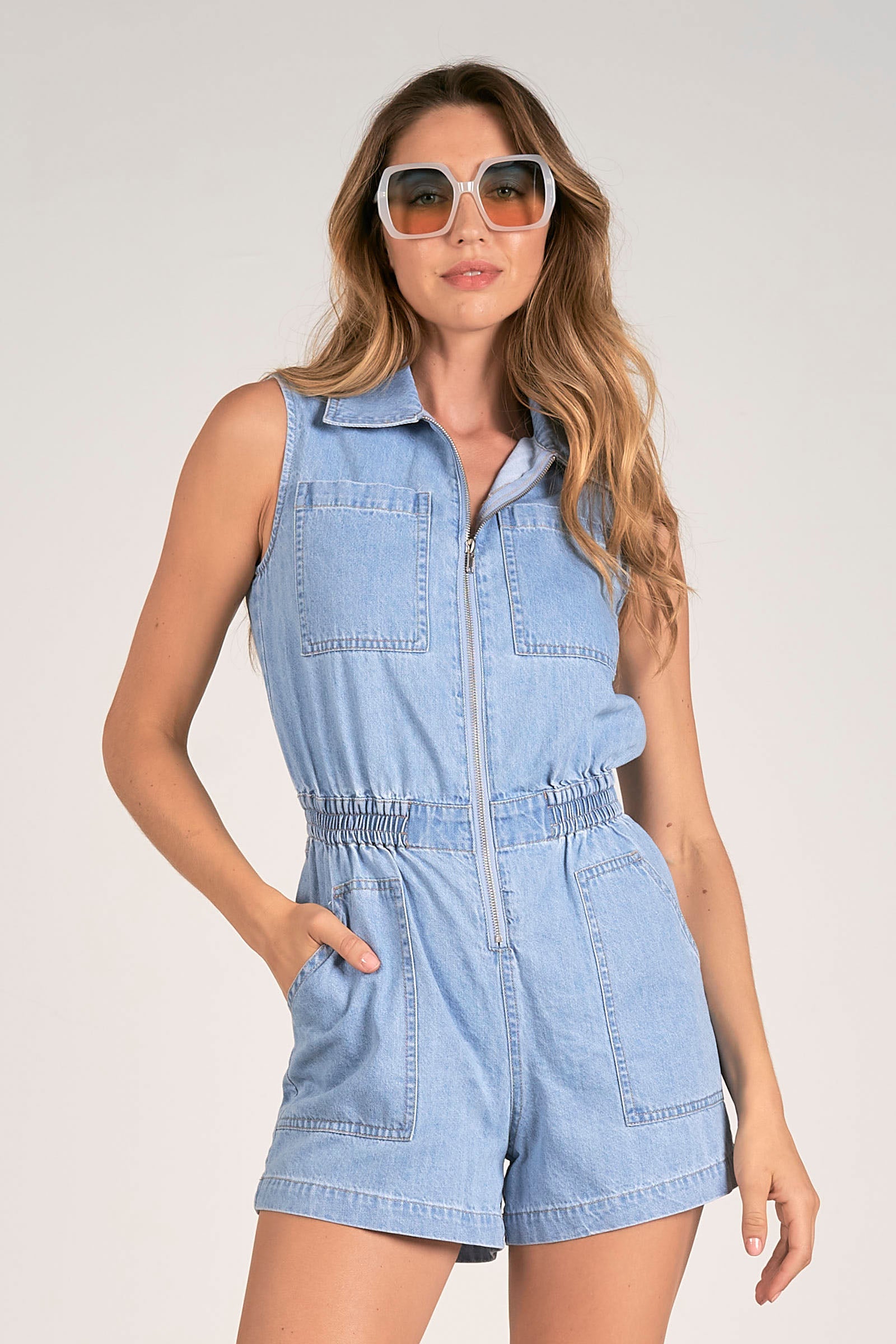 Elan Vero Collared Sleveless Romper Blue Wash