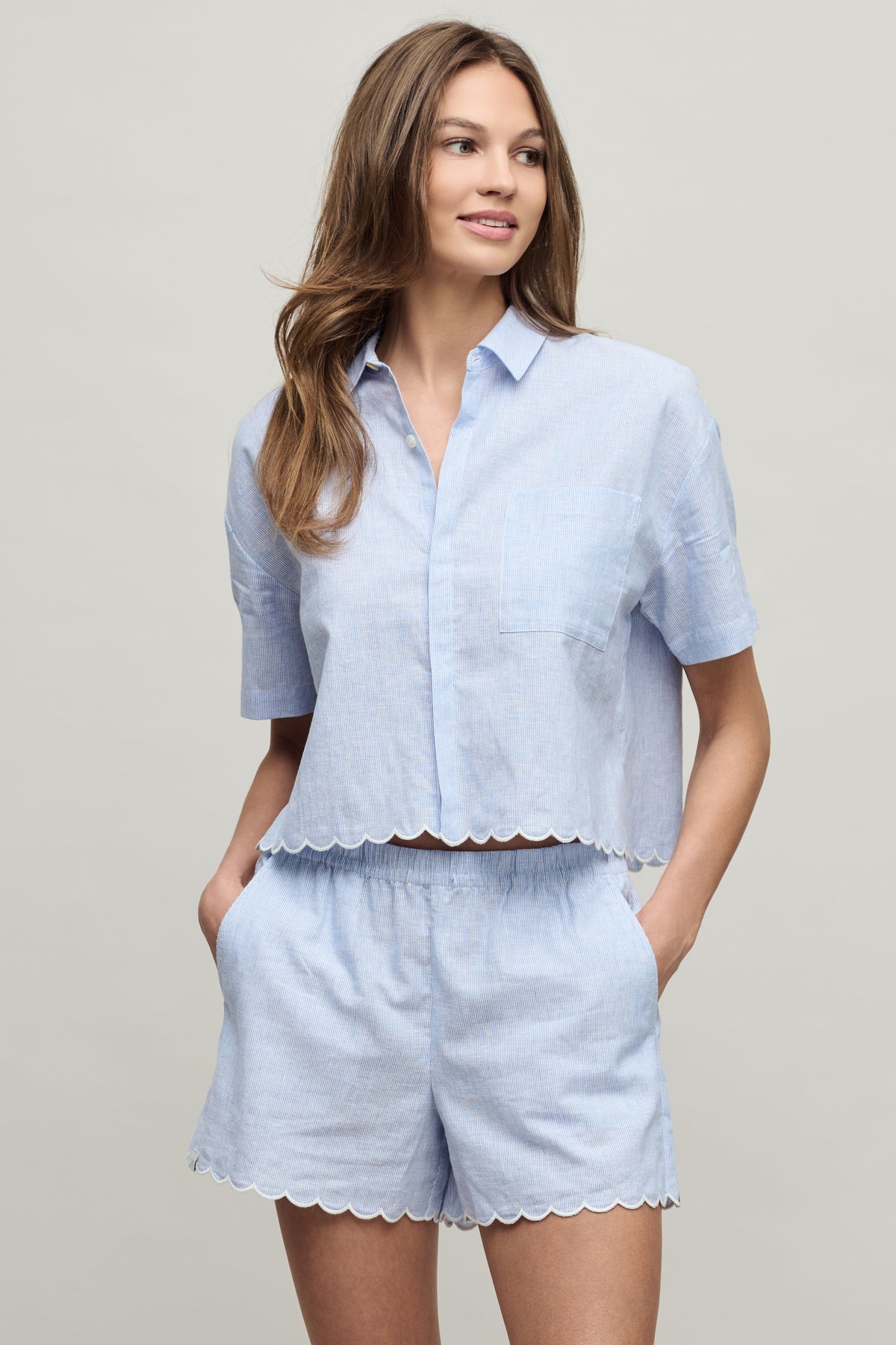 Barefoot Dreams Linen Blend Stripe Shirt with Scallop in Lakeside Stripe — relaxed boxy button-up with scalloped embroidered hem, available at Shaddow & Fish, Key West
