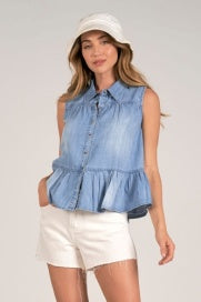 Elan May Sleeveless Ruffle Top Light Blue Wash