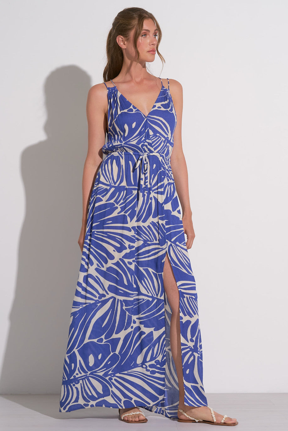 Elan Daisy V Neck Shoulder Tie Dress Sky Blue Kauai Print
