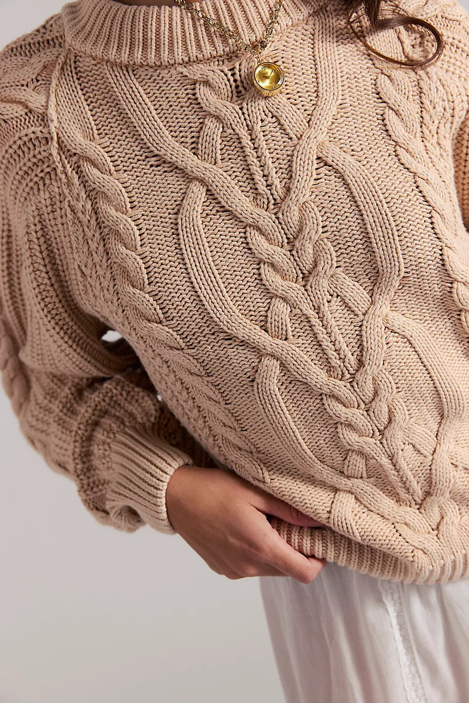 Free People Frankie Cable Sweater Top Ivory