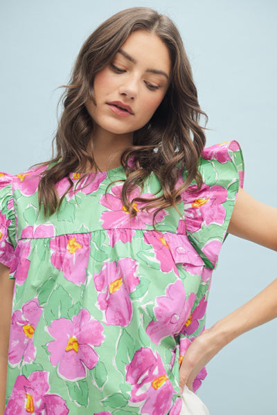 Shaddow and Fish Kimberly Floral Blouse Top Green/ Pink