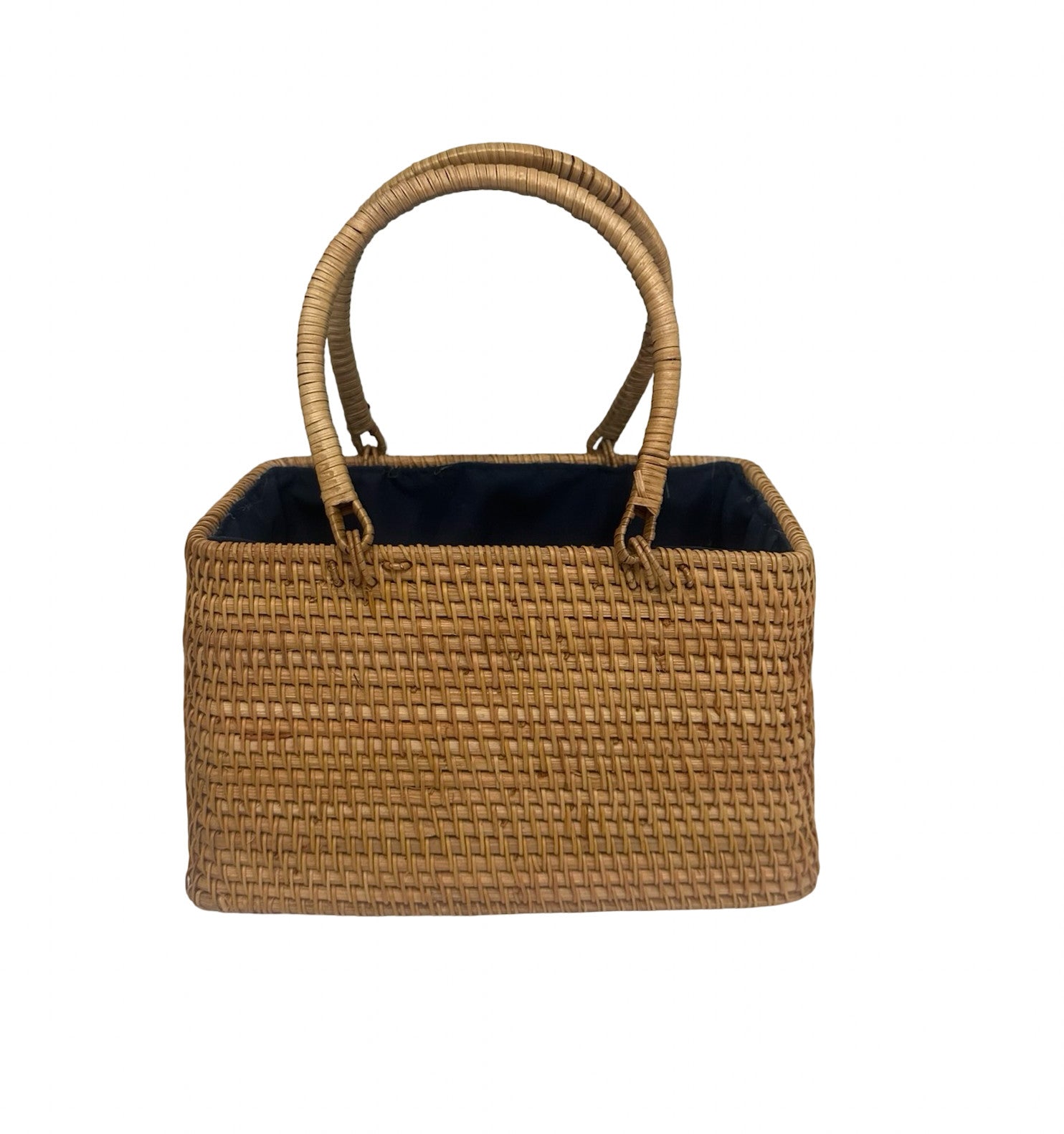 Shaddow and Fish Bailey Wicker Straw Tote Luxe Bag Navy