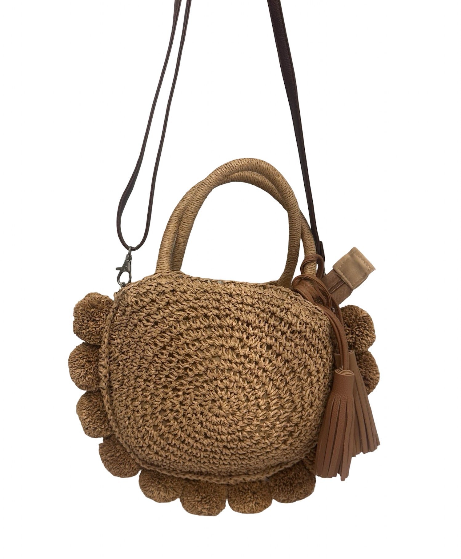 Shaddow and Fish Caroline Pompom Round Luxe Bag Tan