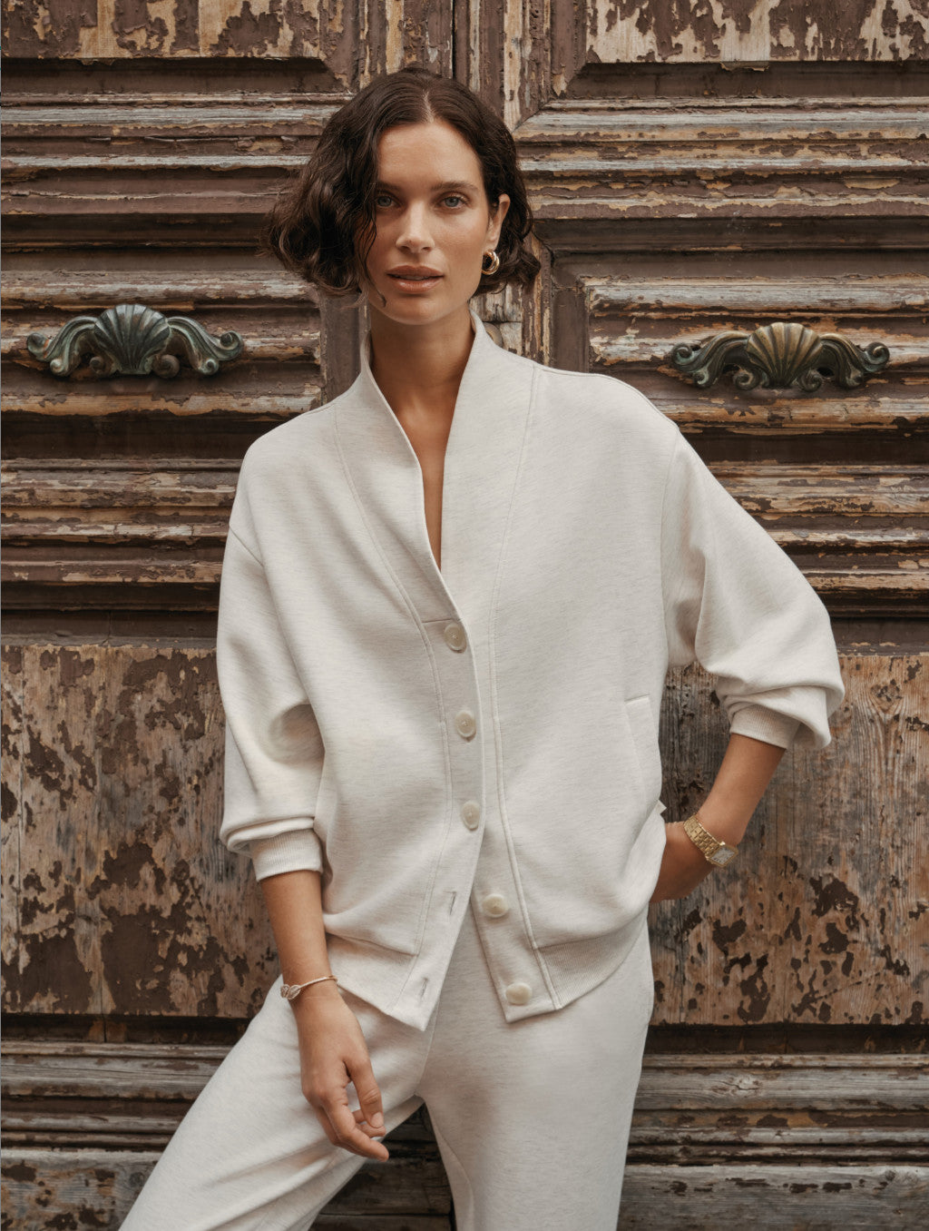 VARLEY Celeste Button Through Sweater Ivory Marl