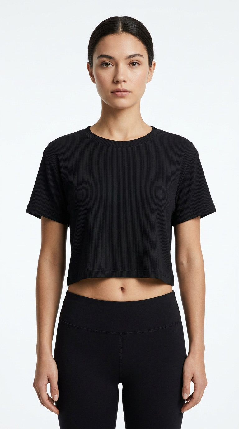 Shaddow and Fish Ariana Rib Knit Crop Tee Black