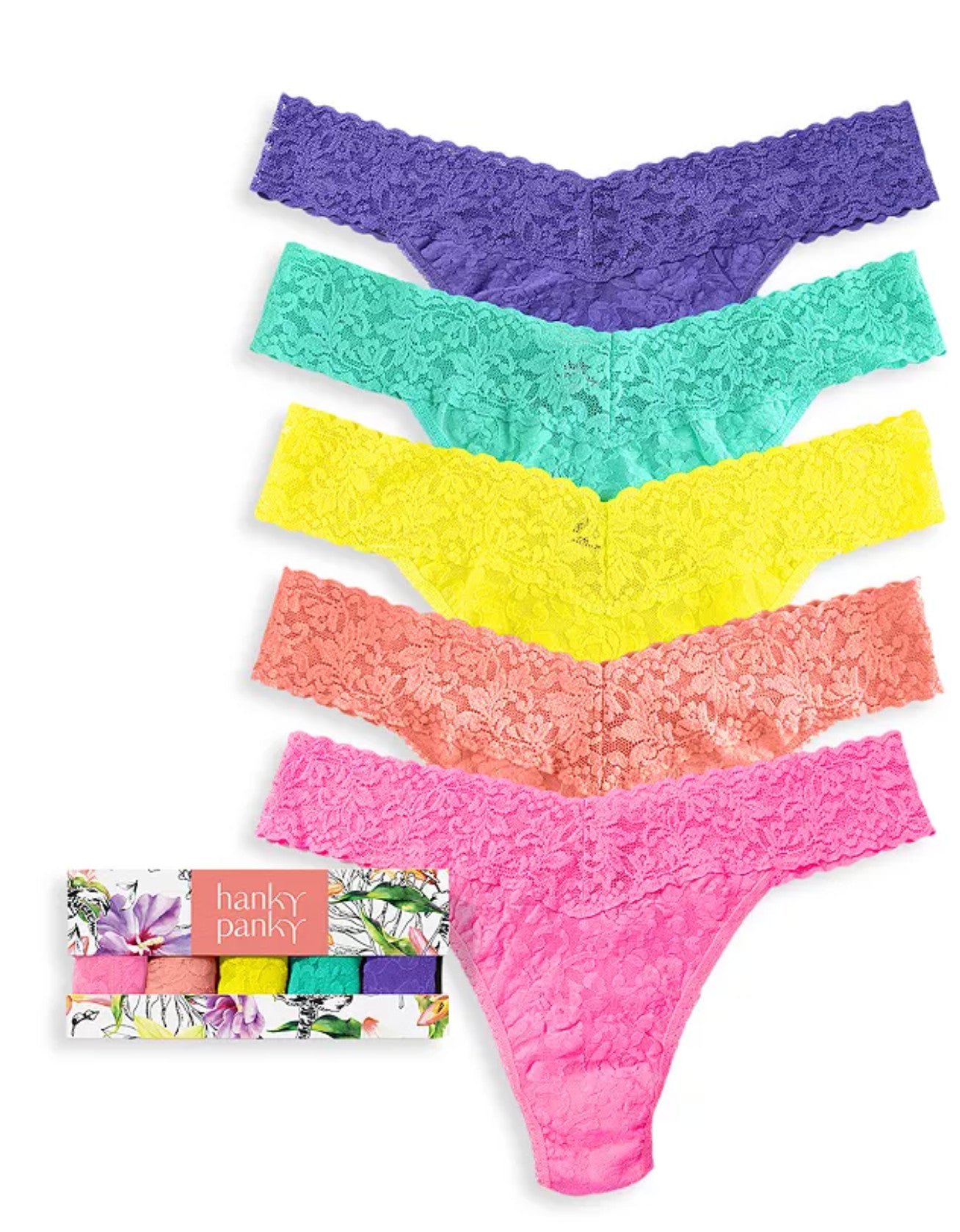 Hanky Panky 5 Pack Original Rise Thong Pink/Coral/Yellow/ Green/ Violet O/S
