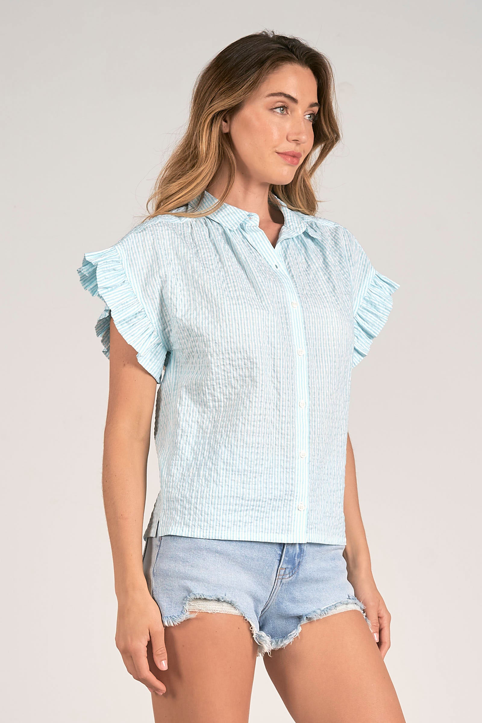 Elan Moni Button Down Top White/Blue