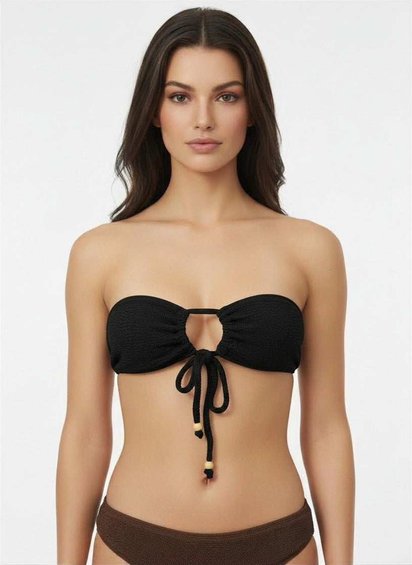 Surf Gypsy Front Tie Bandeau Krinkle Top Black O/S