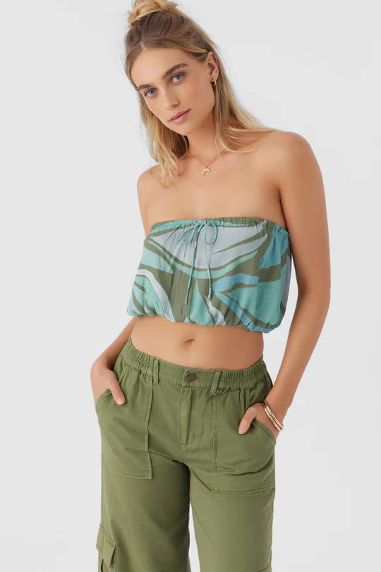 O'Neill Danny Loreta Print Strapless Crop Top Oil Green