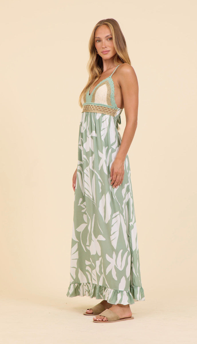 Surf Gypsy Jennifer Leaf Printed Crotchet Maxi Dress Sage