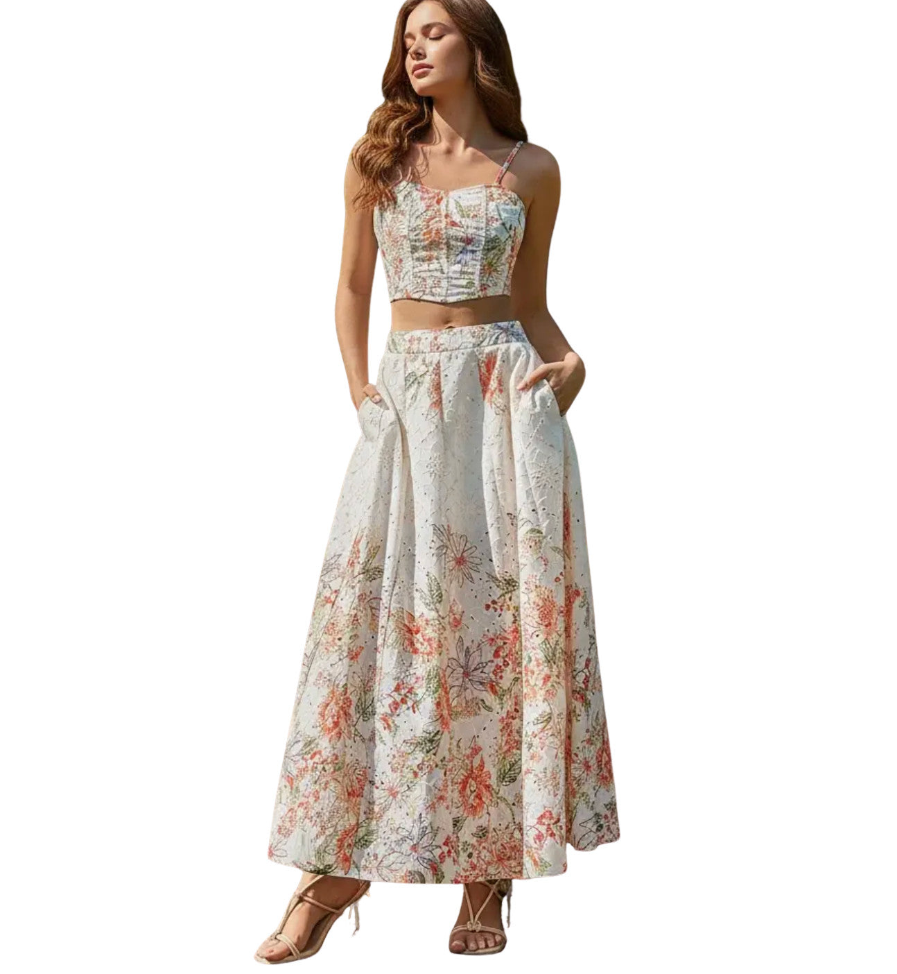 Botanical Eyelet Embroidered Crop Top Orange Multi