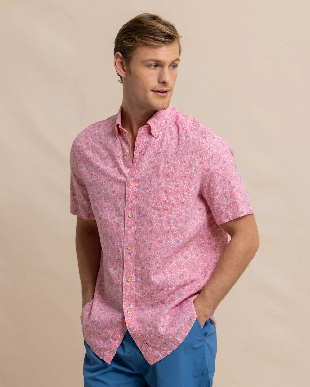 Southern Tide Linen Rayon Ditzy Floral Short Sleeve Sport Shirt