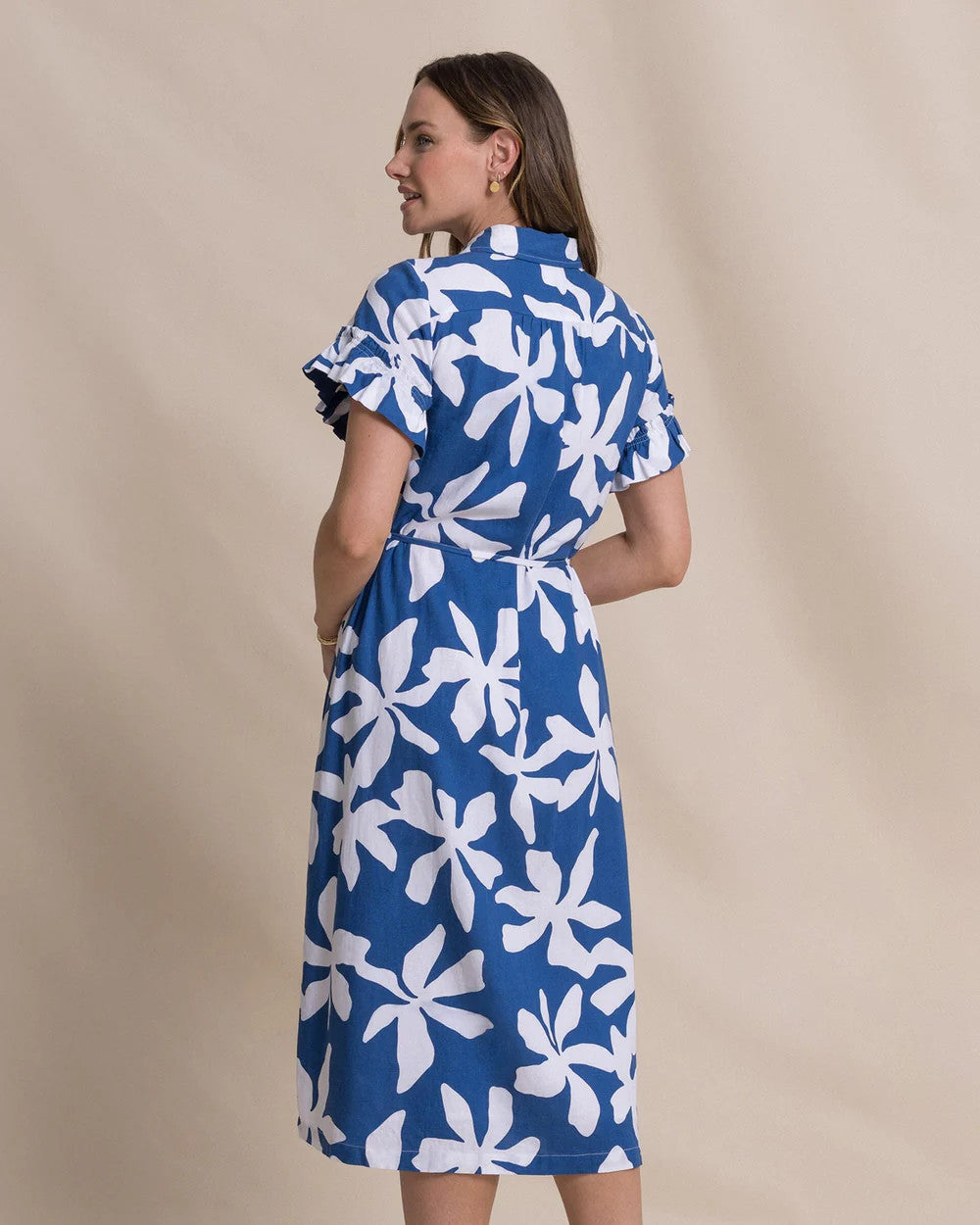 Southern Tide Tyra Printed Ruffle Sleeve Midi Dress Nautical Blue