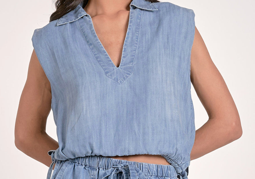 Elan Luna Sleeveless Collared Top Denim Blue