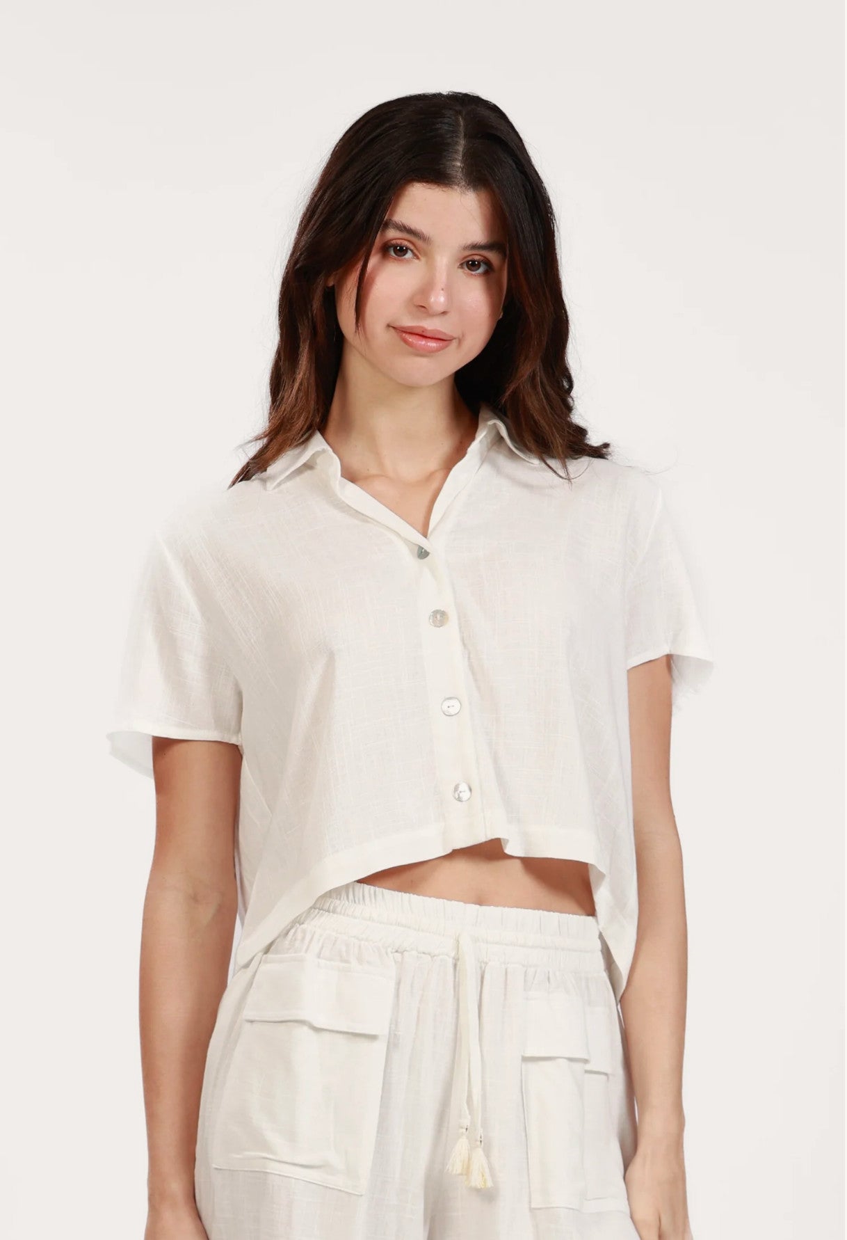 Salty Weekend Emma Linen Button Crop Top White