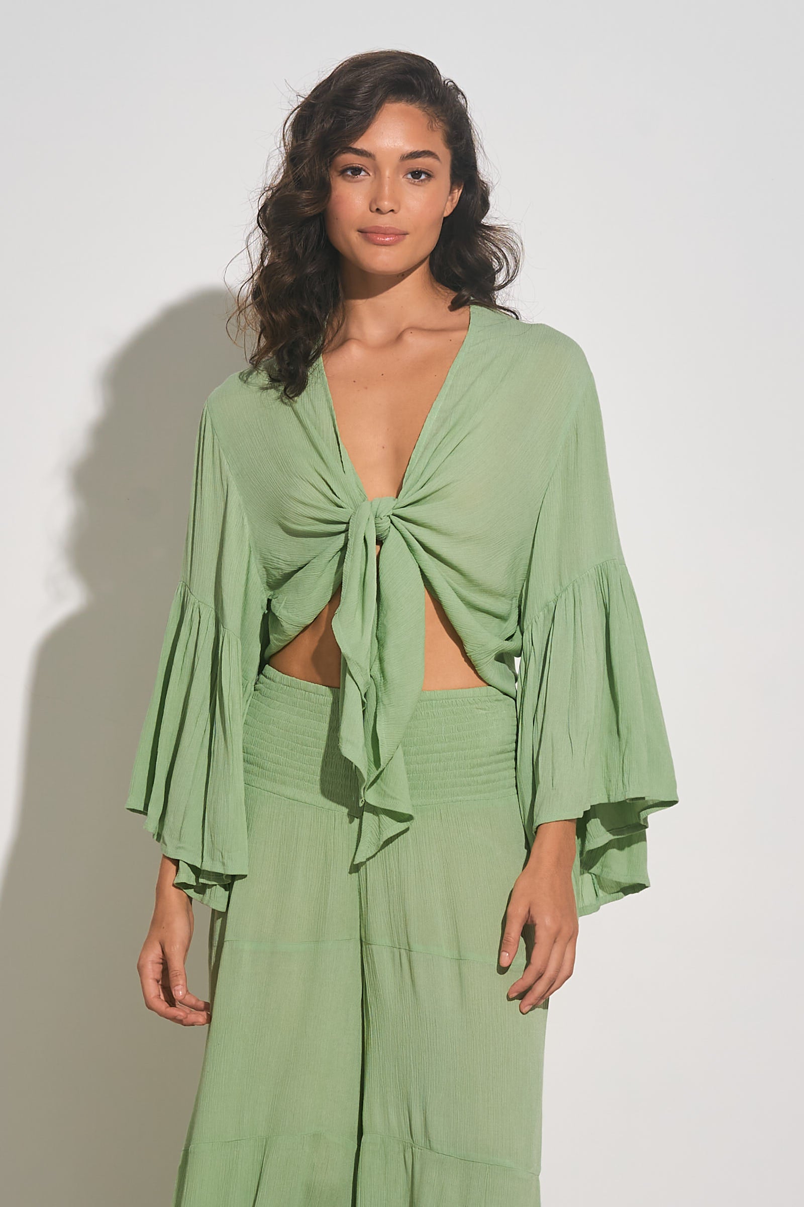 Elan Ruffle Bell Sleeve Tie Top