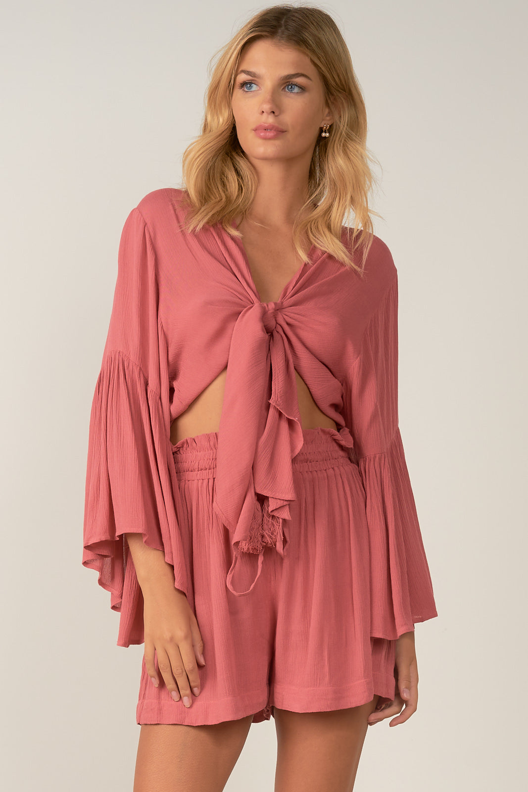 Elan Ruffle Bell Sleeve Tie Top