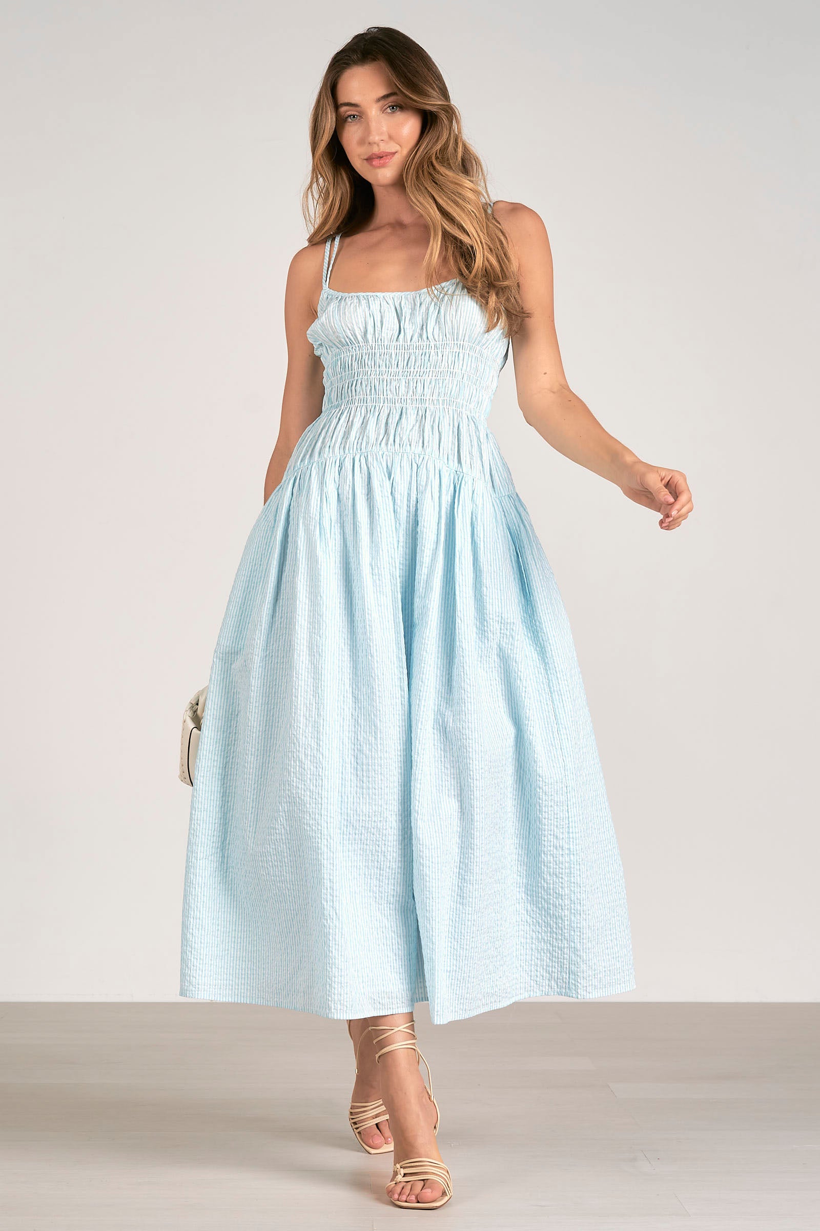 Elan Lety Spag Straps Smock Dress White/ Blue