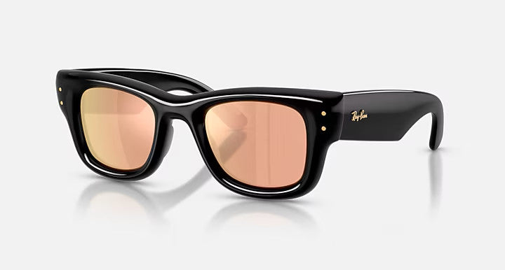 Ray Ban Wayfarer Puffer Black Frame w/ Dark Brown Mirror Rose Gold Lens Sunglasses