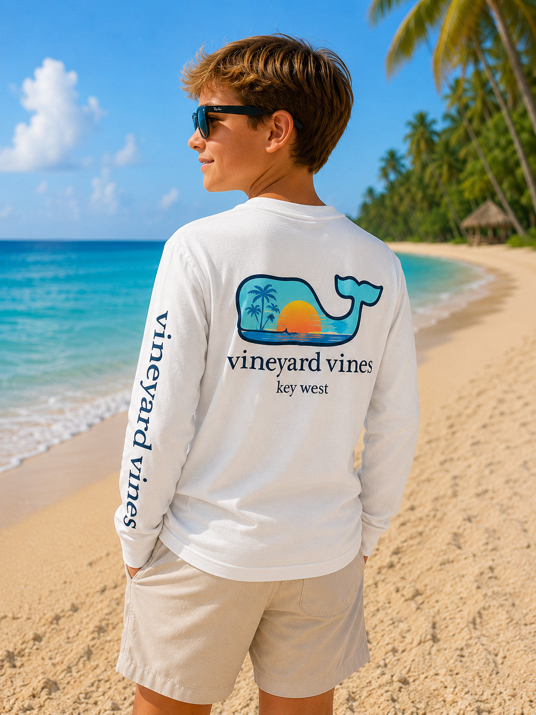 Vineyard Vines Kids Sunset Fill Key West White Cap Pocket Tee LS