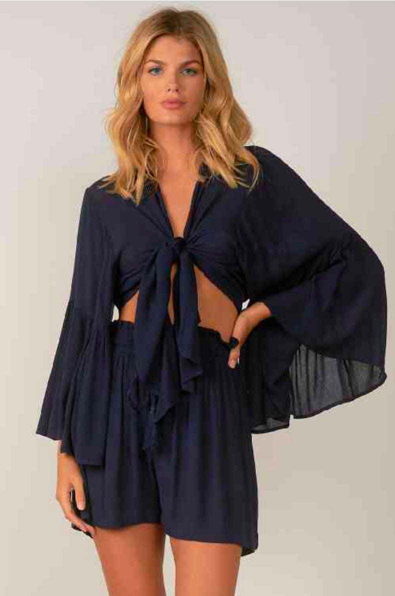 Elan Ruffle Bell Sleeve Tie Top