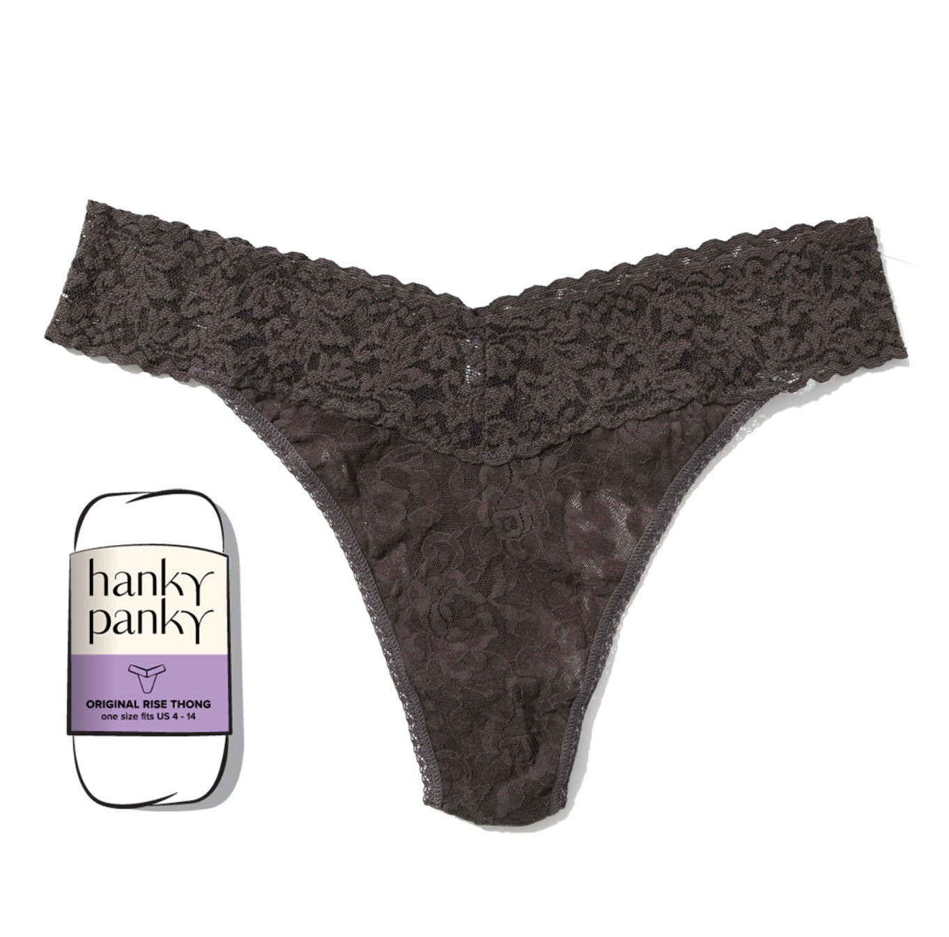 Hanky Panky Rolled Signature Original Lace Rolled Thong Solid Graphite O/S