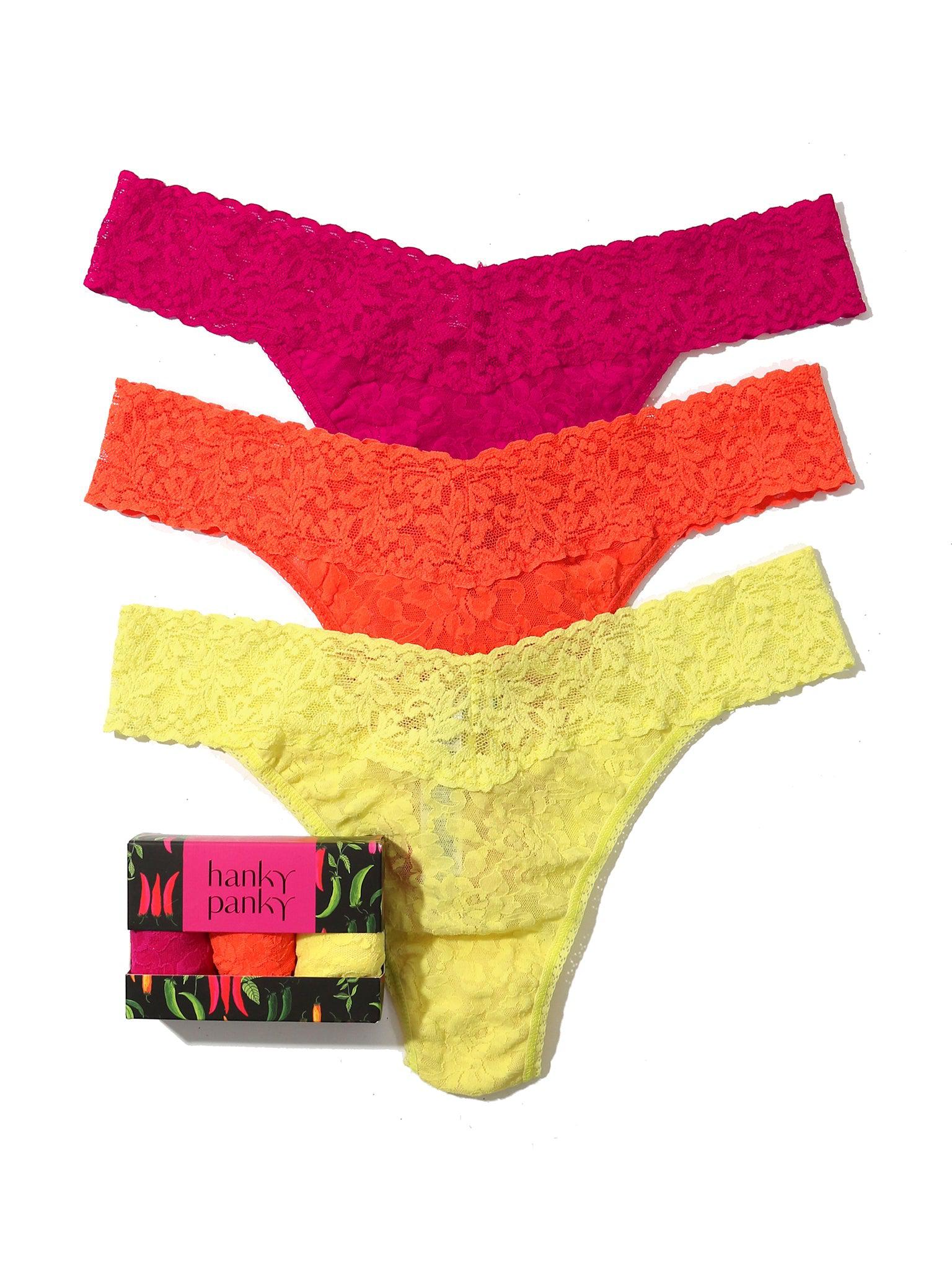Hanky Panky 3 Pack Original Rise Thong Pink Ruby /Orange Sparkle/ Lime Light O/S