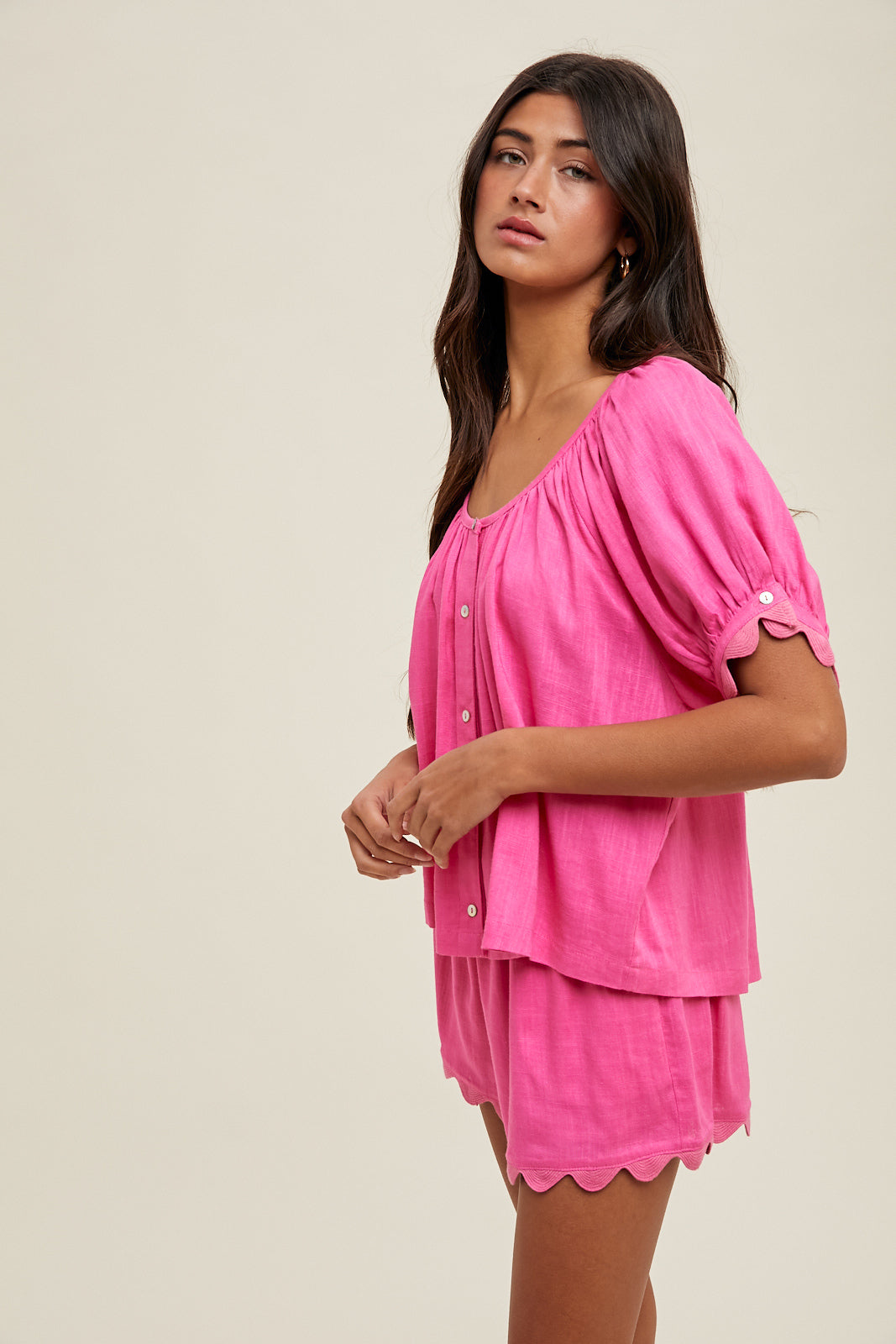 Shaddow and Fish Elena Scalloped Detail Top Hibiscus