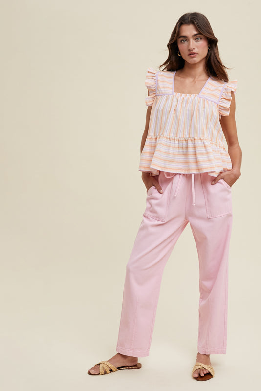 Shaddow And Fish Autumn Multi-Striped  Ruffle Sleeve Blouse