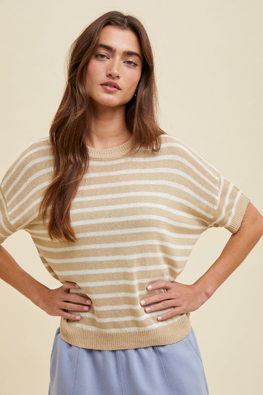 Shaddow and Fish Rosalyn Striped Lightweight Sweater Top Taupe/White