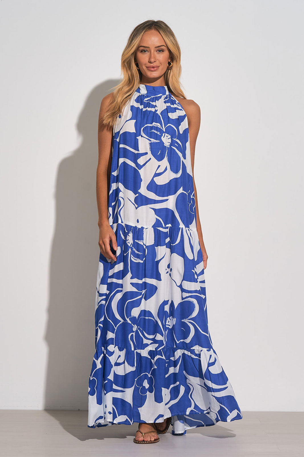 Elan Maxi Halter Dress Blue Hibiscus Print