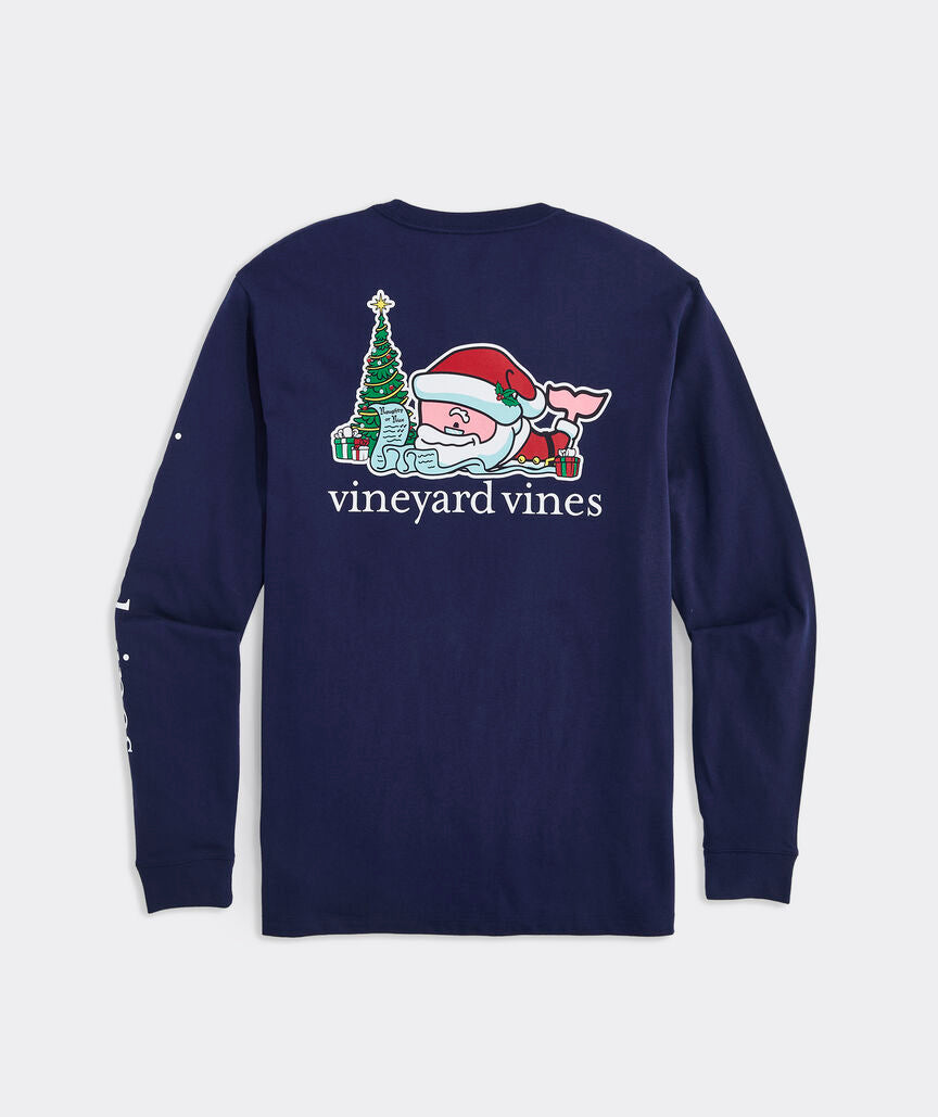 Vineyard Vines Santa's List Whale Pocket Tee LS Nautical Navy