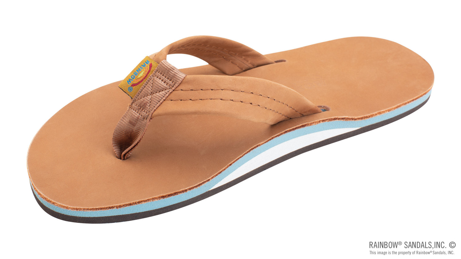 Rainbow Sandals Mens Single Layer Premier Leather with Arch Support Tan Blue Shaddow Fish